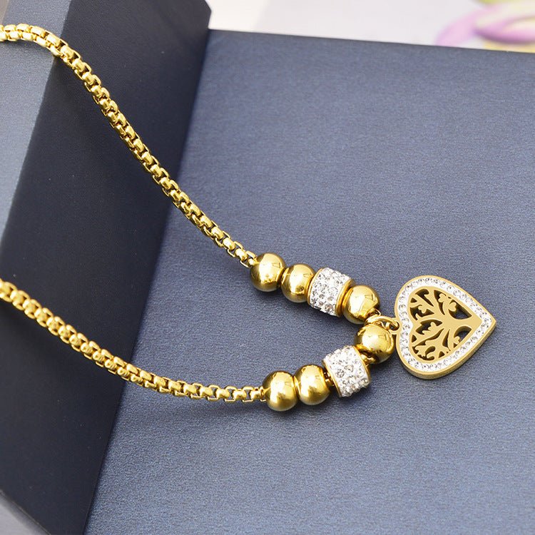 European and American Style Titanium Steel Heart Tree of Life Rhinestone Necklace for Women Simple Love Charm Jewelry - Hemspire
