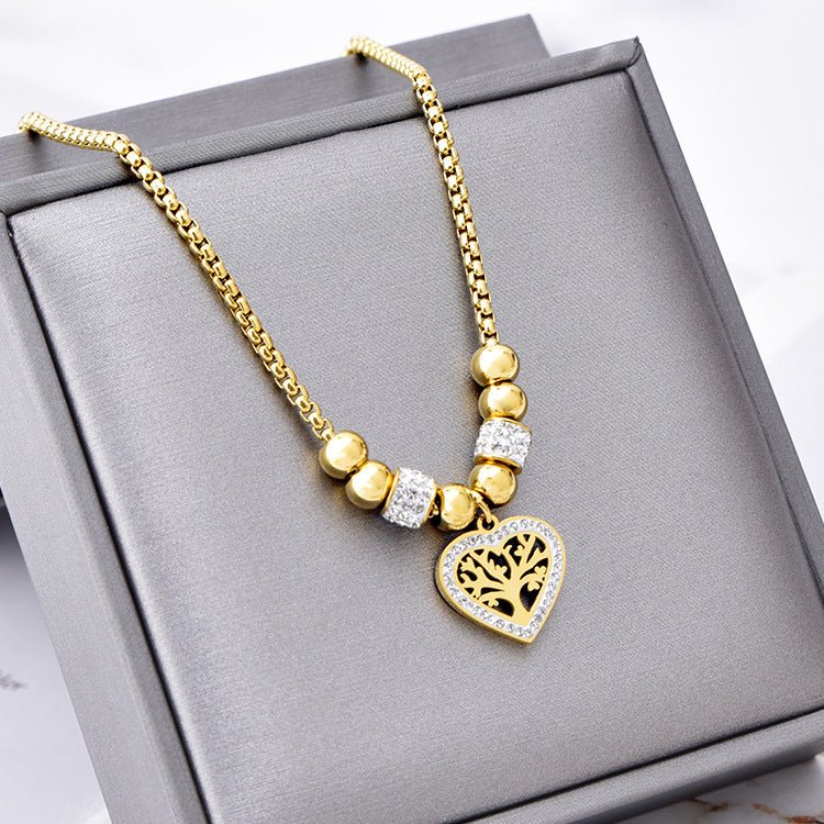 European and American Style Titanium Steel Heart Tree of Life Rhinestone Necklace for Women Simple Love Charm Jewelry - Hemspire