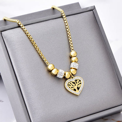 European and American Style Titanium Steel Heart Tree of Life Rhinestone Necklace for Women Simple Love Charm Jewelry - Hemspire