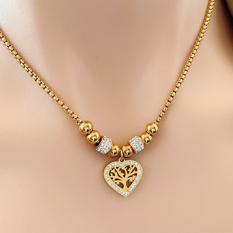 European and American Style Titanium Steel Heart Tree of Life Rhinestone Necklace for Women Simple Love Charm Jewelry - Hemspire