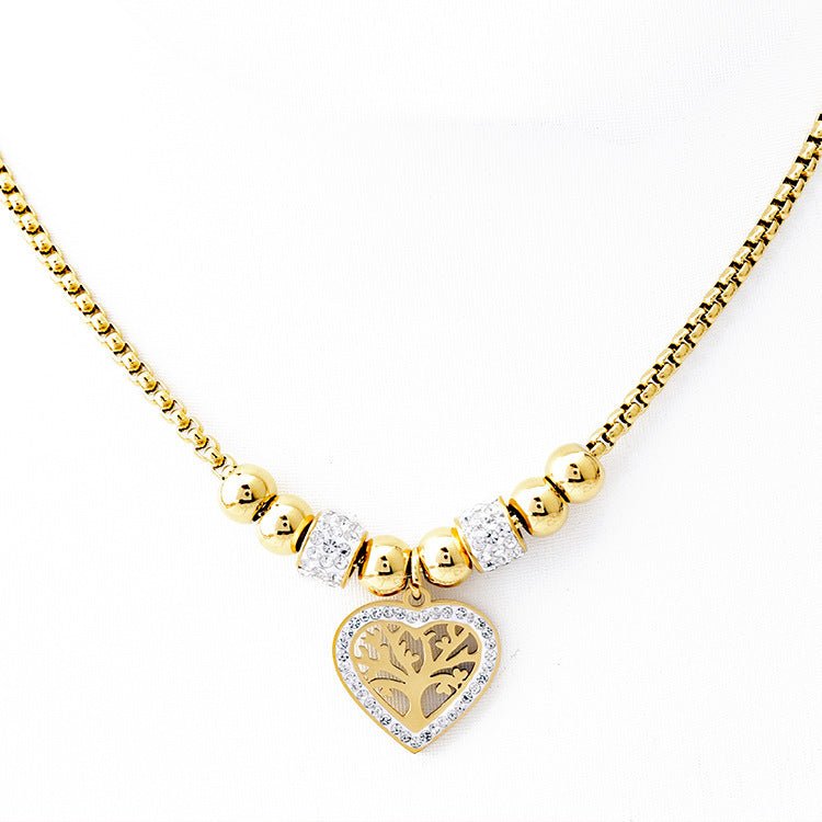 European and American Style Titanium Steel Heart Tree of Life Rhinestone Necklace for Women Simple Love Charm Jewelry - Hemspire