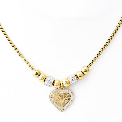 European and American Style Titanium Steel Heart Tree of Life Rhinestone Necklace for Women Simple Love Charm Jewelry - Hemspire