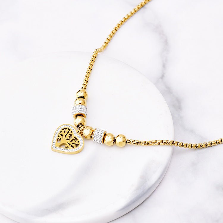 European and American Style Titanium Steel Heart Tree of Life Rhinestone Necklace for Women Simple Love Charm Jewelry - Hemspire
