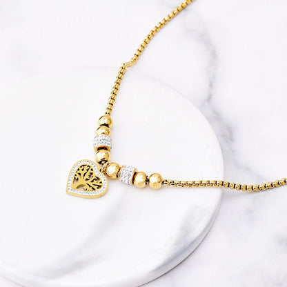 European and American Style Titanium Steel Heart Tree of Life Rhinestone Necklace for Women Simple Love Charm Jewelry - Hemspire