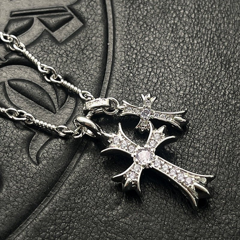 Punk hip - hop Thai silver plated 22K white gold double cross color diamond necklace sweater chain - Hemspire