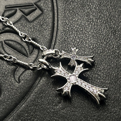 Punk hip - hop Thai silver plated 22K white gold double cross color diamond necklace sweater chain - Hemspire