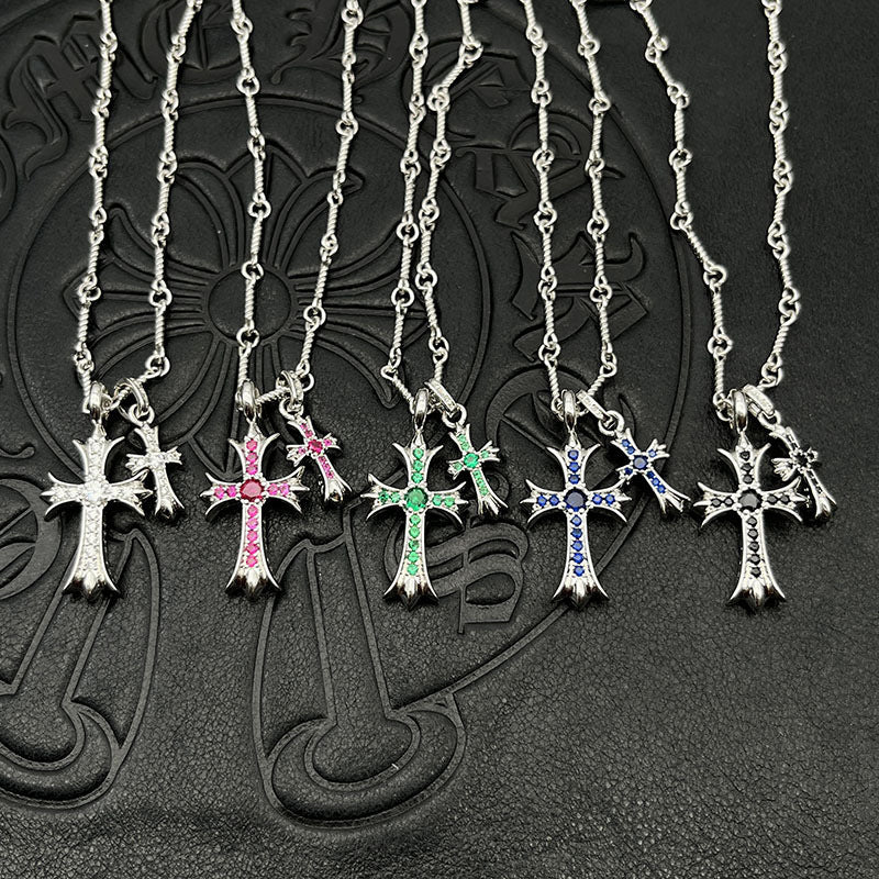 Punk hip - hop Thai silver plated 22K white gold double cross color diamond necklace sweater chain - Hemspire