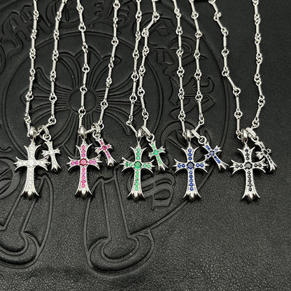Punk hip - hop Thai silver plated 22K white gold double cross color diamond necklace sweater chain - Hemspire