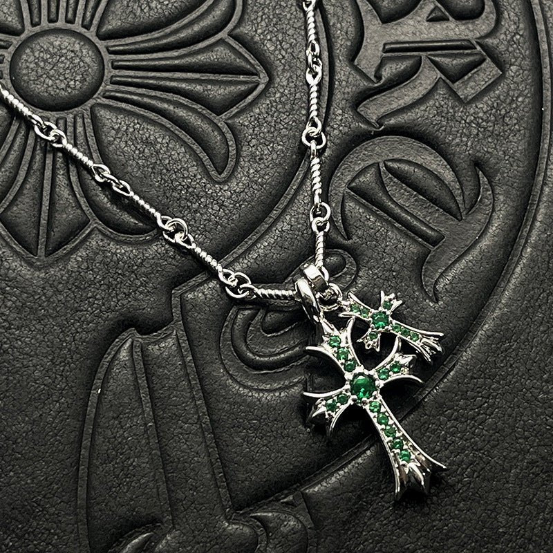 Punk hip - hop Thai silver plated 22K white gold double cross color diamond necklace sweater chain - Hemspire
