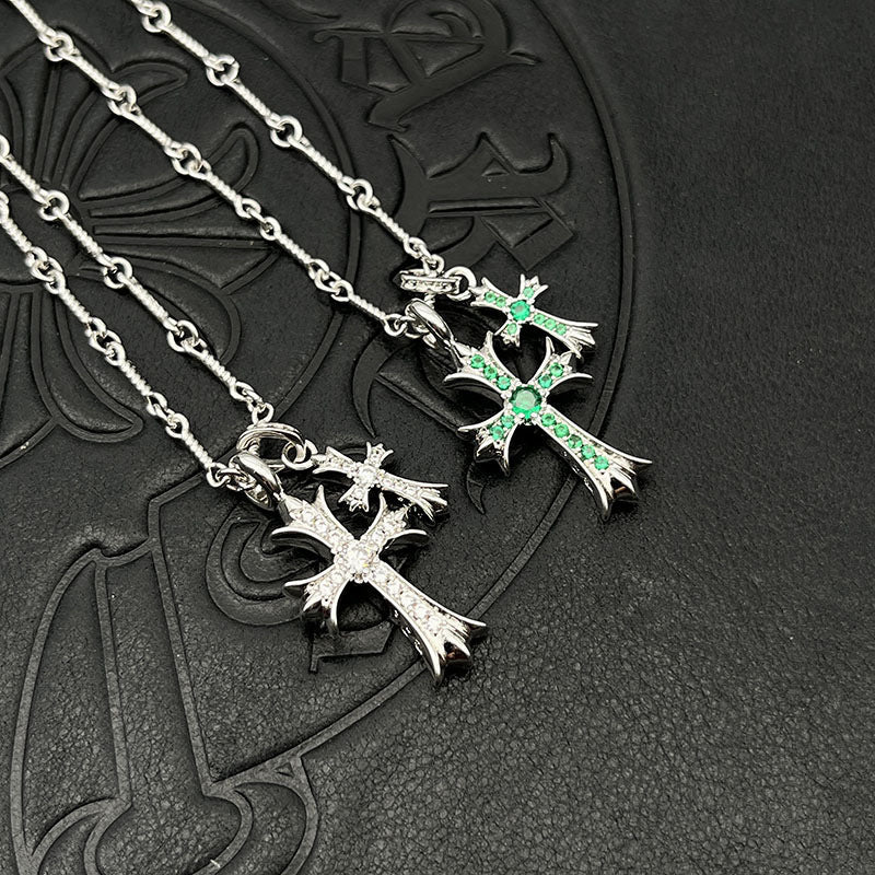 Punk hip - hop Thai silver plated 22K white gold double cross color diamond necklace sweater chain - Hemspire