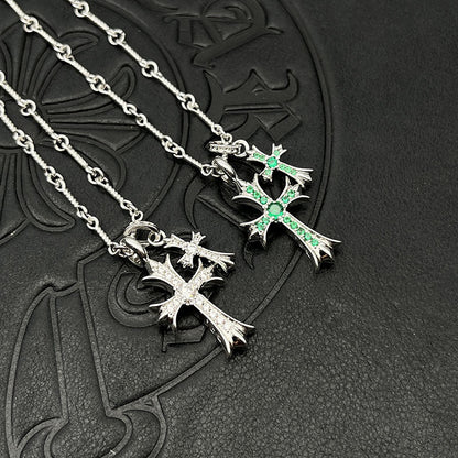 Punk hip - hop Thai silver plated 22K white gold double cross color diamond necklace sweater chain - Hemspire