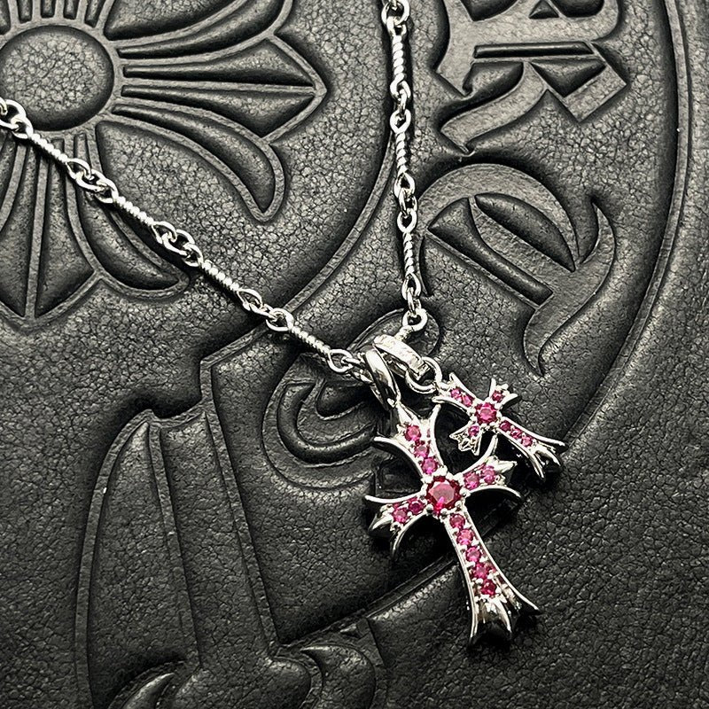 Punk hip - hop Thai silver plated 22K white gold double cross color diamond necklace sweater chain - Hemspire