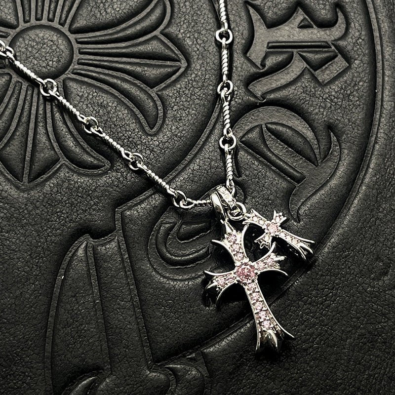 Punk hip - hop Thai silver plated 22K white gold double cross color diamond necklace sweater chain - Hemspire