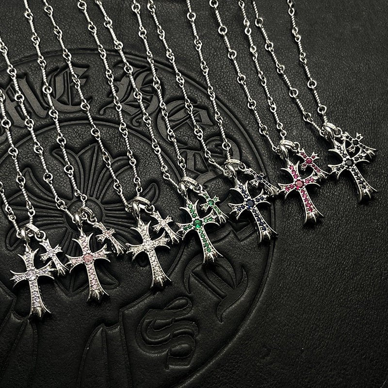 Punk hip - hop Thai silver plated 22K white gold double cross color diamond necklace sweater chain - Hemspire