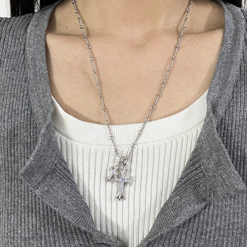 Punk hip - hop Thai silver plated 22K white gold double cross color diamond necklace sweater chain - Hemspire