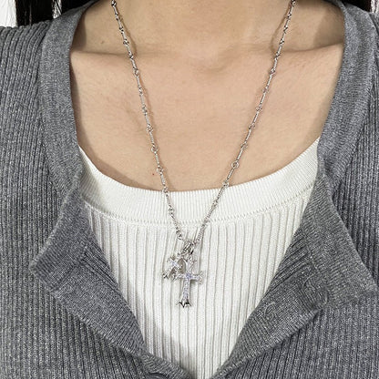 Punk hip - hop Thai silver plated 22K white gold double cross color diamond necklace sweater chain - Hemspire