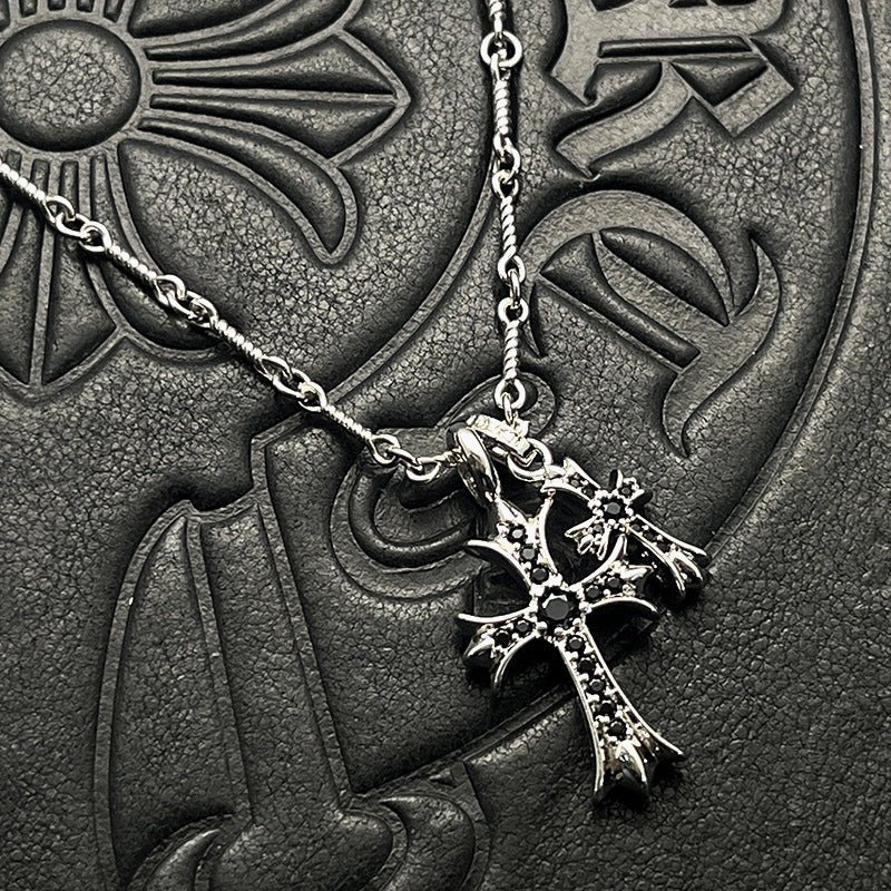 Punk hip - hop Thai silver plated 22K white gold double cross color diamond necklace sweater chain - Hemspire