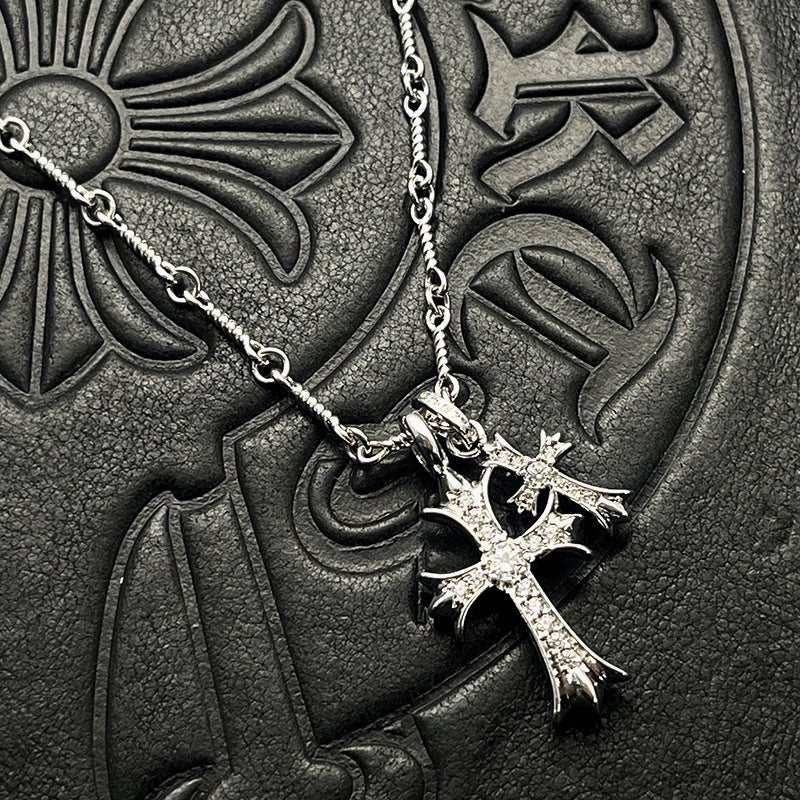 Punk hip - hop Thai silver plated 22K white gold double cross color diamond necklace sweater chain - Hemspire